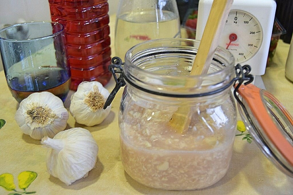envase de cristal con ajo, agua y vinagre junto a unos ajos y mas ingredientes 