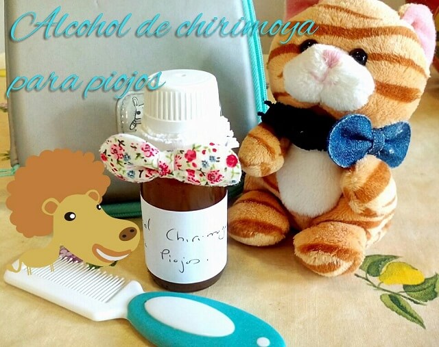 alcochol de chirimoya para los piojos junto a un gatito de peluche y un peine